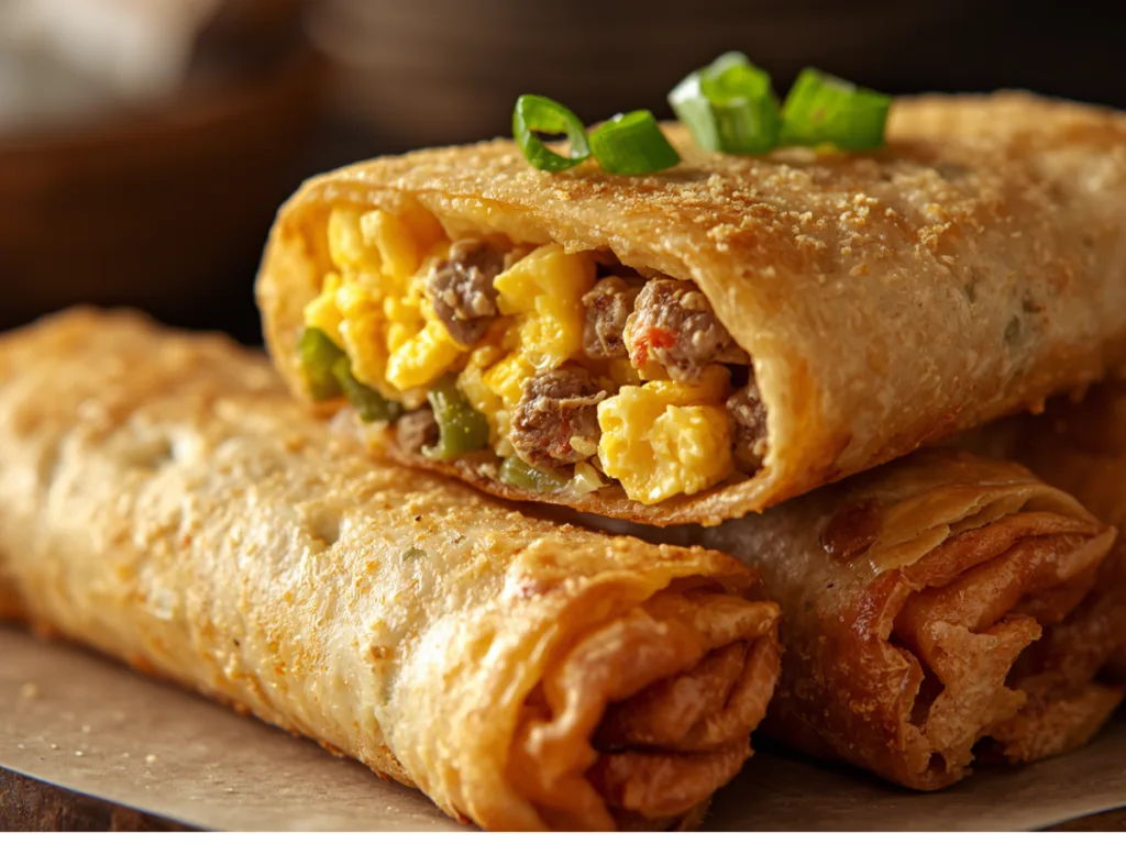 A close-up shot of a Breakfast Egg Roll cut in half revealing fluffy scrambled eggs and melted cheddar cheese.