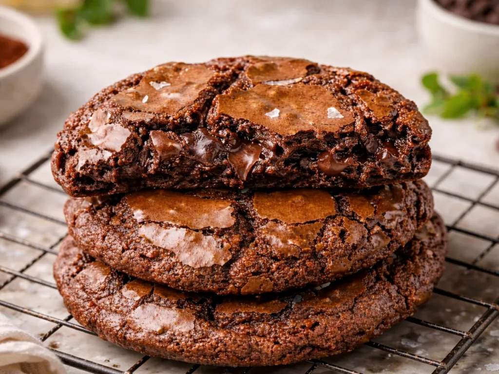 Fresh brownie cookies on a baking sheet with parchment paper.