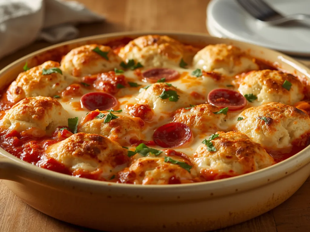 Cheesy layers of Bubble Up Biscuit Pizza Casserole.