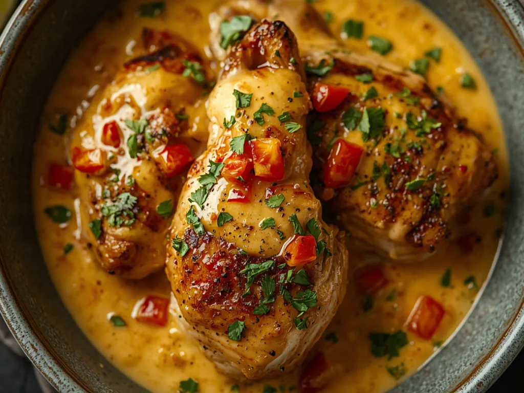 Sliced chicken with cheese sauce drizzled over roasted potatoes.