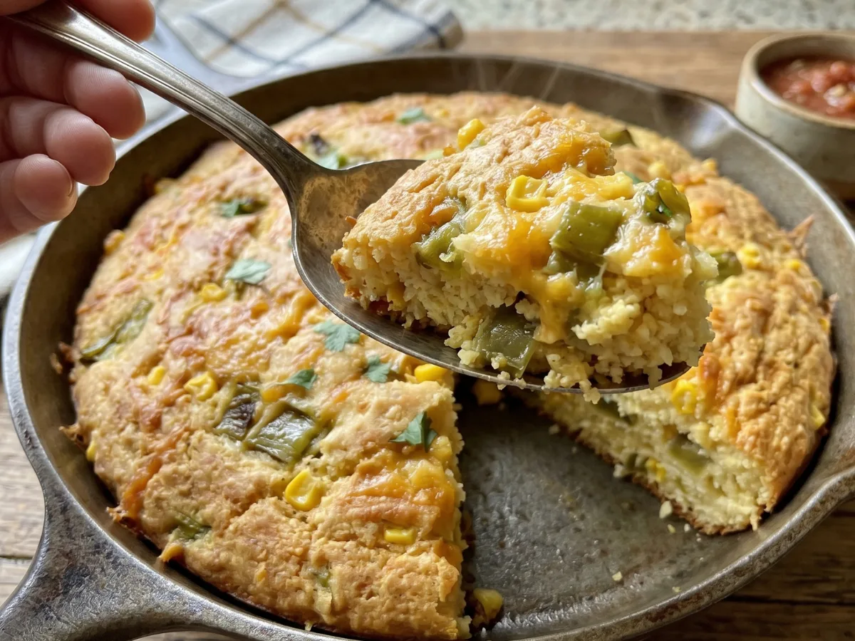 A whole Chiles Rellenos Cornbread in a cast iron skillet, golden crust showing green chiles and melted cheese.