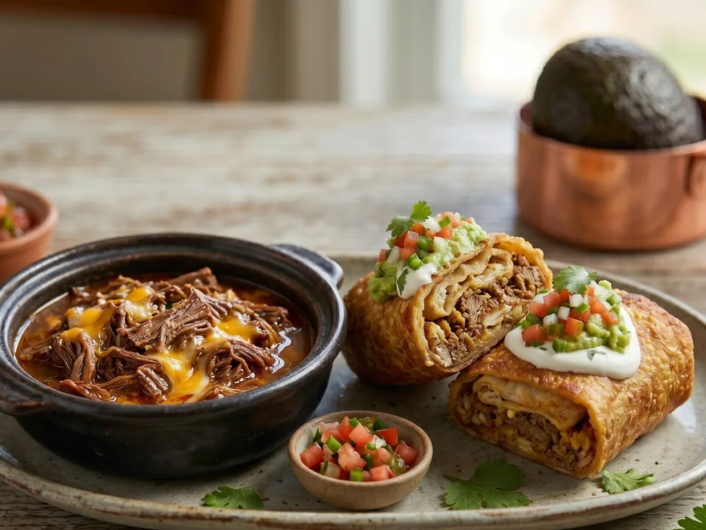 Deep-fried shredded beef burrito with melted cheese