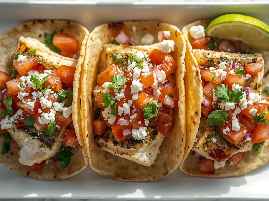 Grilled garlic cilantro lime chicken tacos topped with crunchy cabbage slaw and spicy pickling jalapenos on a wooden platter.