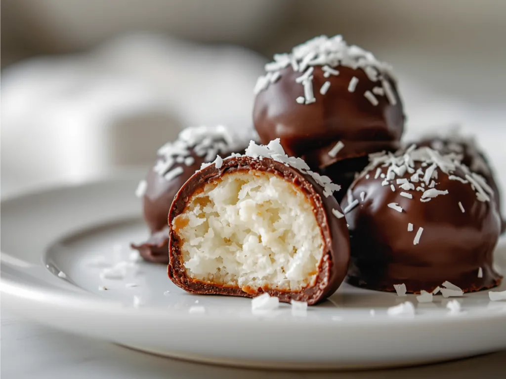 Chocolate bliss balls with coconut flakes