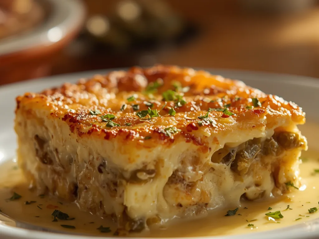 Golden brown chile relleno bake in a white ceramic dish with fresh cilantro garnish.