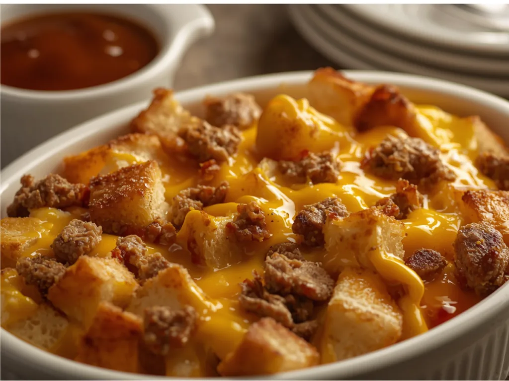 Serving a slice of cheesy croissant bake breakfast casserole onto a plate.