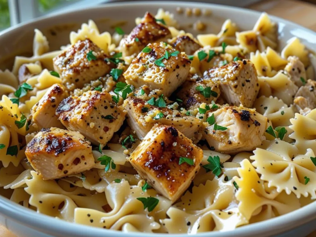 Skillet of Garlic Butter Chicken Bowties