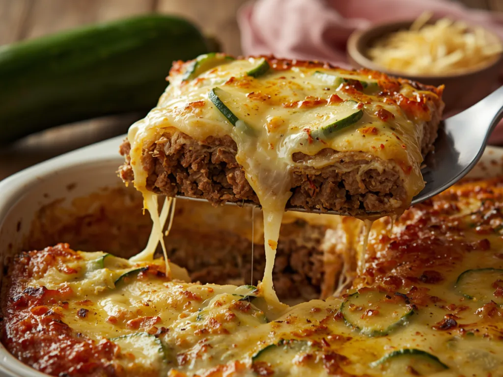 Sliced portion of Gluten-Free Zucchini Hamburger Casserole showing layers of meat and squash.
