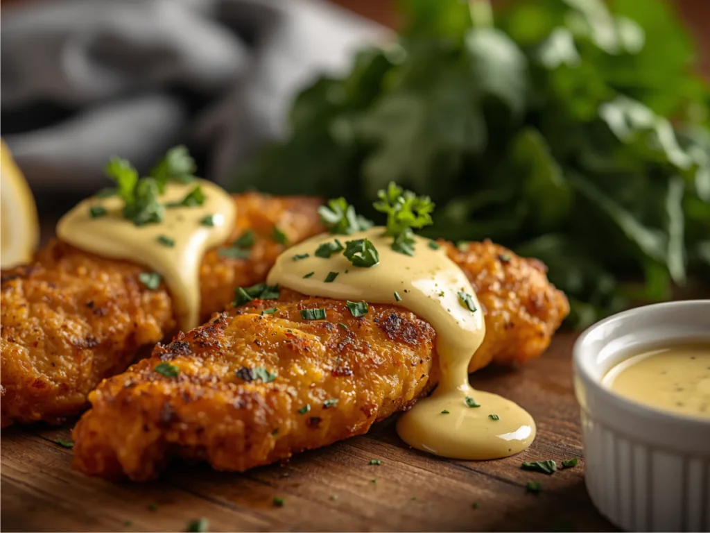 Slicing into a piece of golden crispy malibu chicken to show the juicy interior.