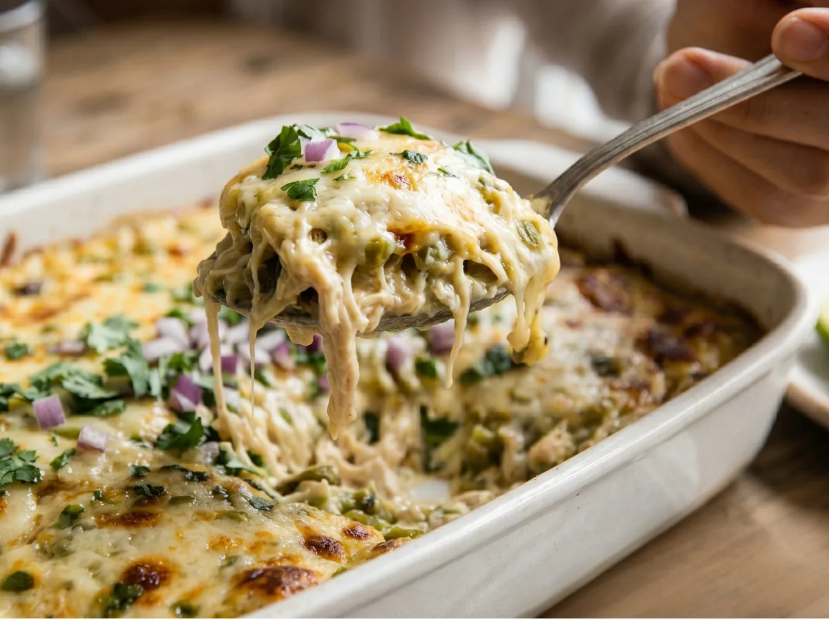 A top-down view of a bubbly Green Chile Chicken Cream Cheese Casserole in a white baking dish.