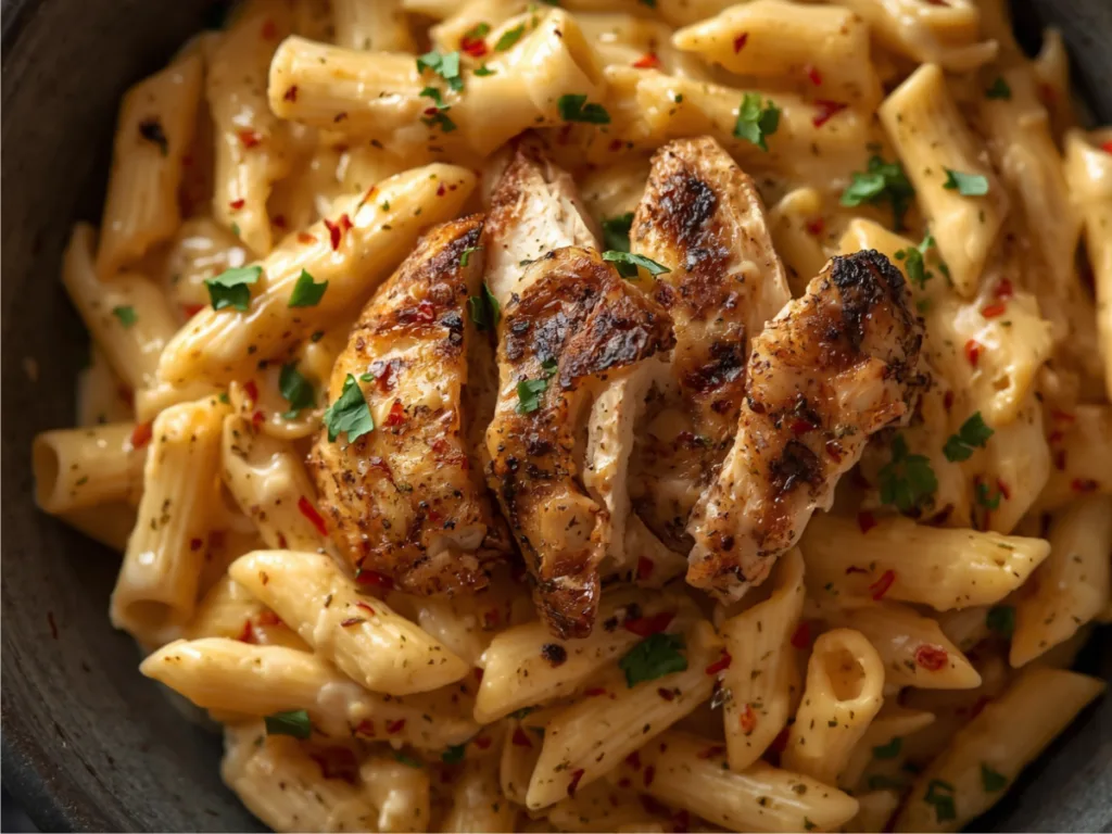 Slicing grilled chicken breast to go on top of penne pasta.