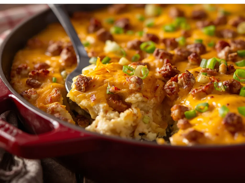 A golden-brown hash brown breakfast casserole fresh out of the oven.