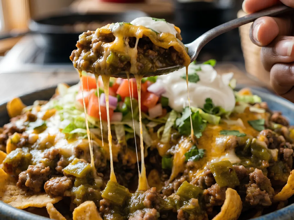 Individual servings of Frito pie with green chile and sour cream.