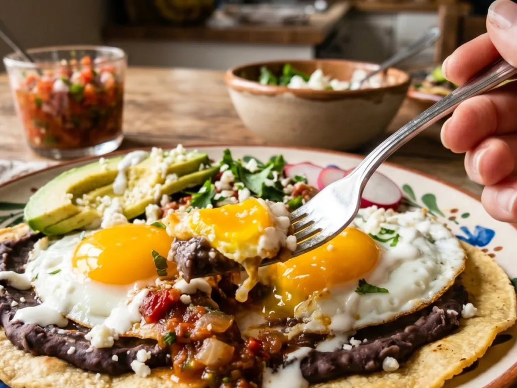 Close-up of Ranchero sauce being poured over fried eggs on a corn tortilla.