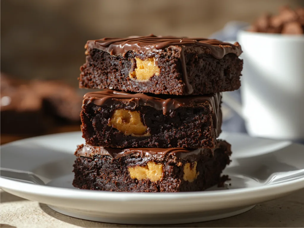 Kit Kat Brownies stacked high on a wooden board.