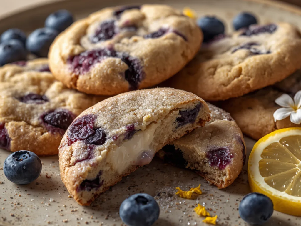 A lemon blueberry cheesecake cookie broken in half to show the white cream cheese filling.