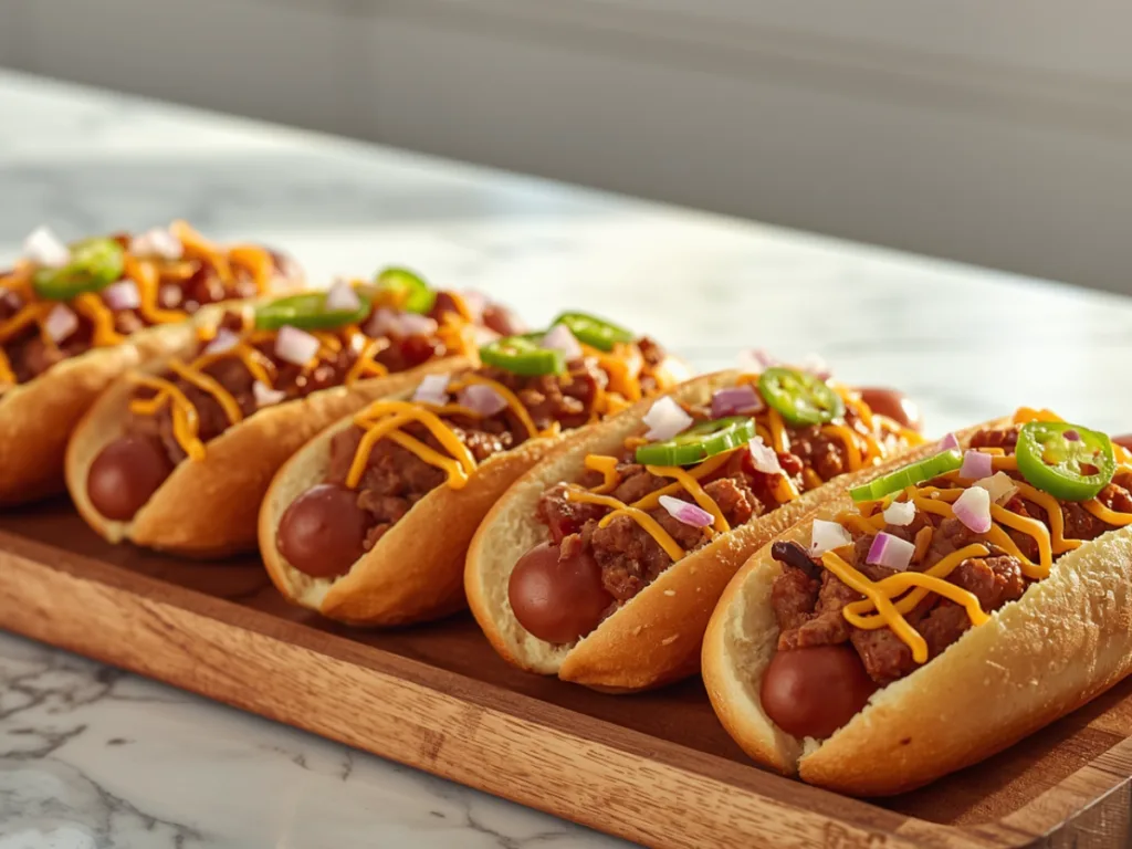 Cheesy slow cooker hot dog chili in toasted buns.