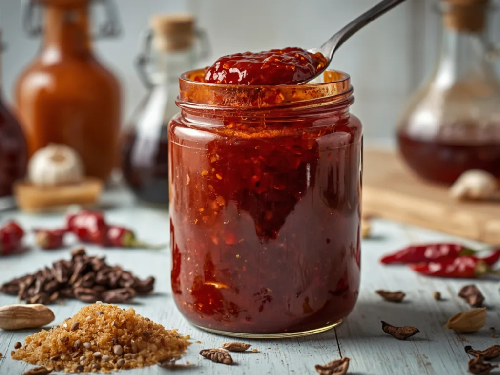 3 ingredients for wing sauce recipe on a wooden table