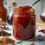 3 ingredients for wing sauce recipe on a wooden table