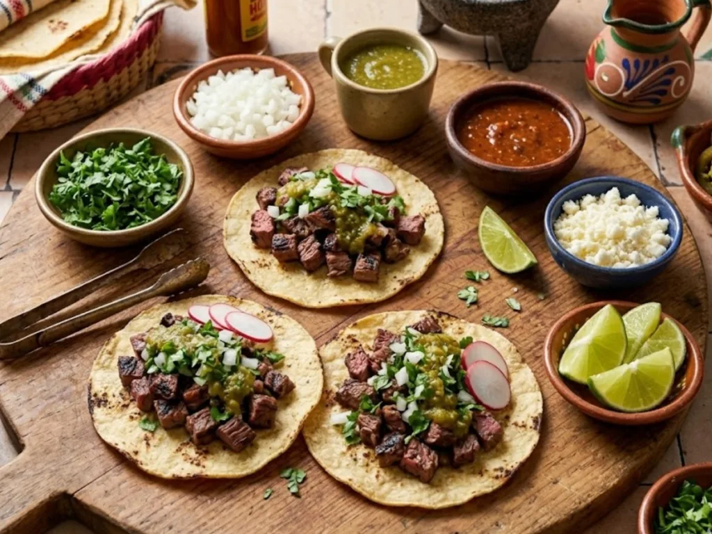 Sliced skirt steak in corn tortillas