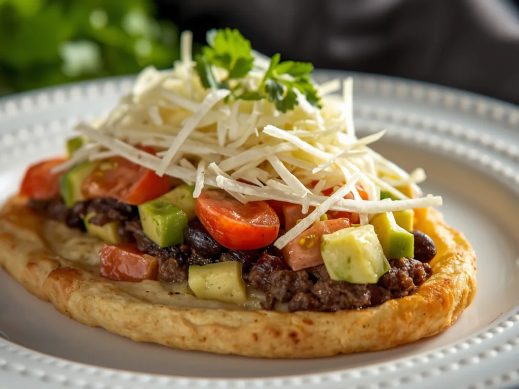 Navajo Taco Recipe:Traditional Indian fry bread taco loaded with beans, meat, cheese, and cilantro.