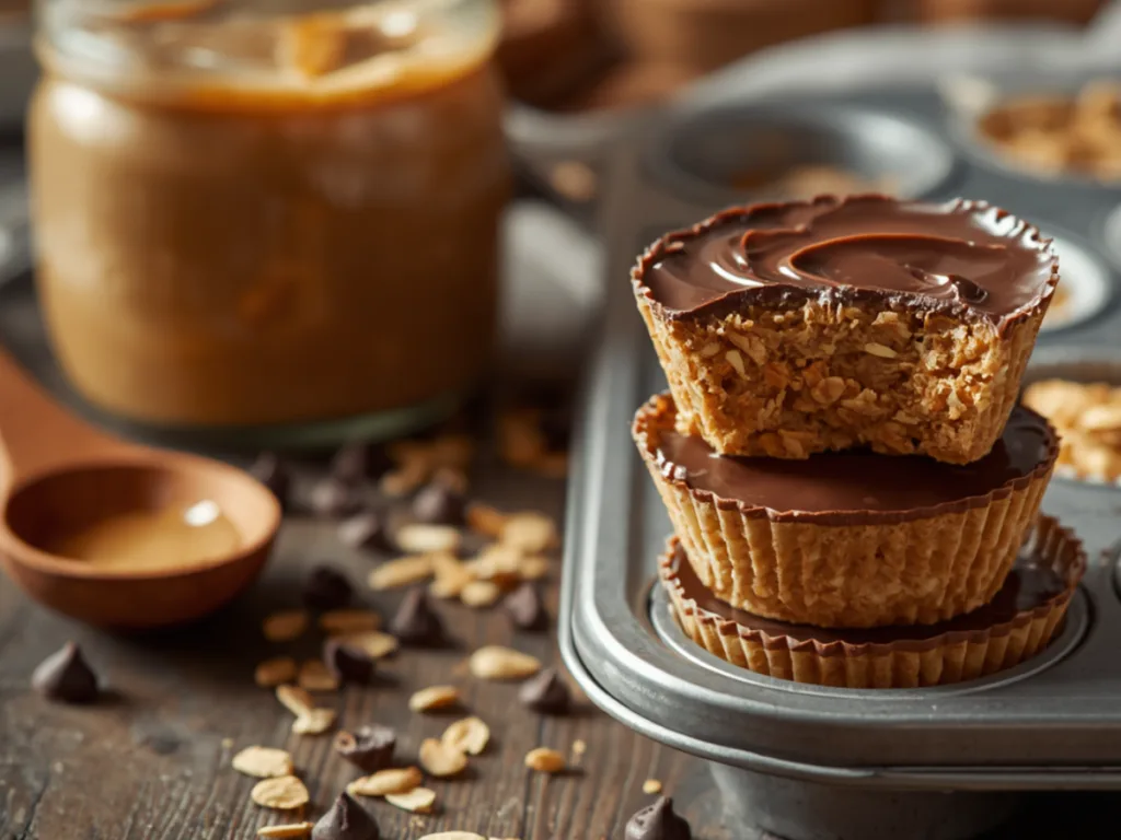 Stacking three no bake peanut butter granola cups on a white plate.