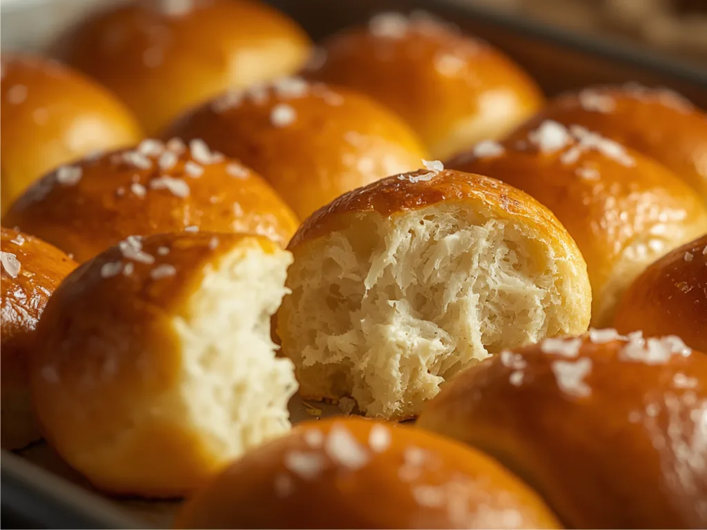 Pulling apart a soft no knead buttermilk dinner roll to show the fluffy texture.