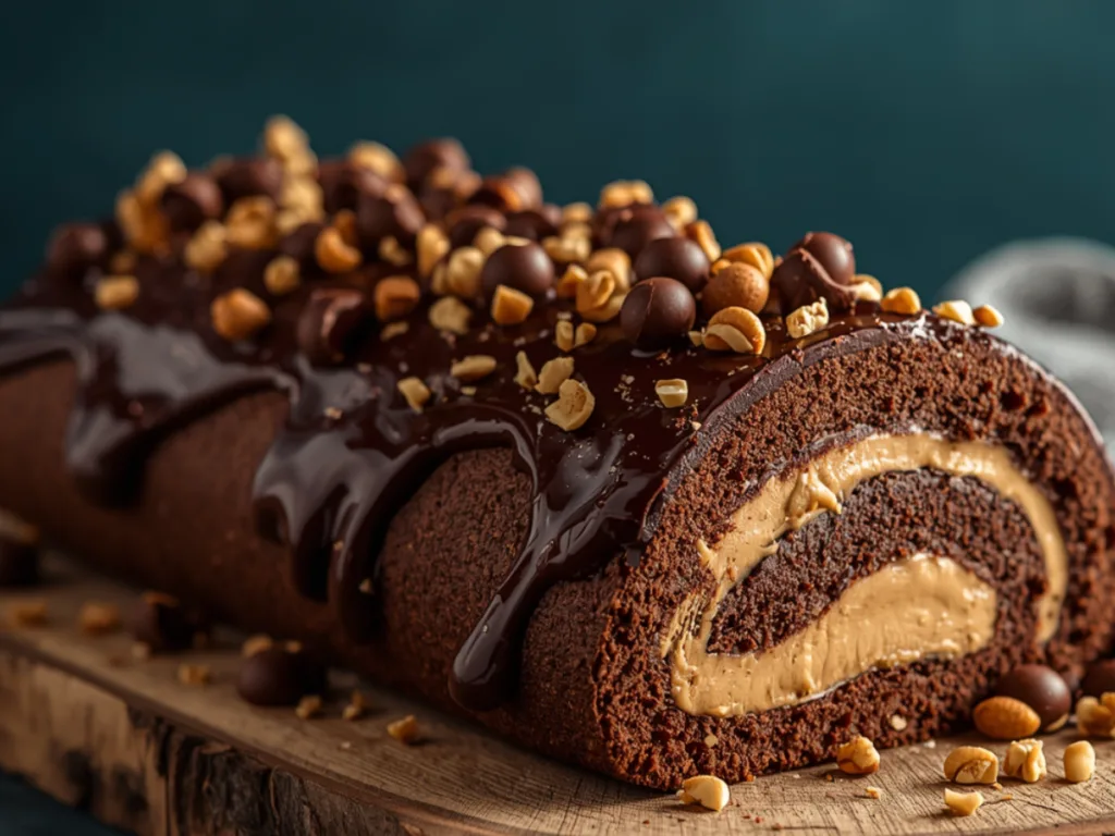 Sliced Peanut Butter Cup Chocolate Roll with drizzle