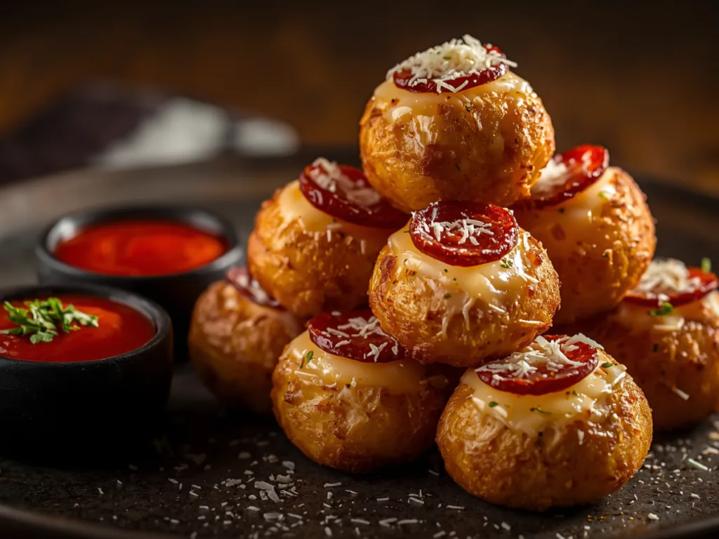 Close-up cheese pull of a pizza bomb.