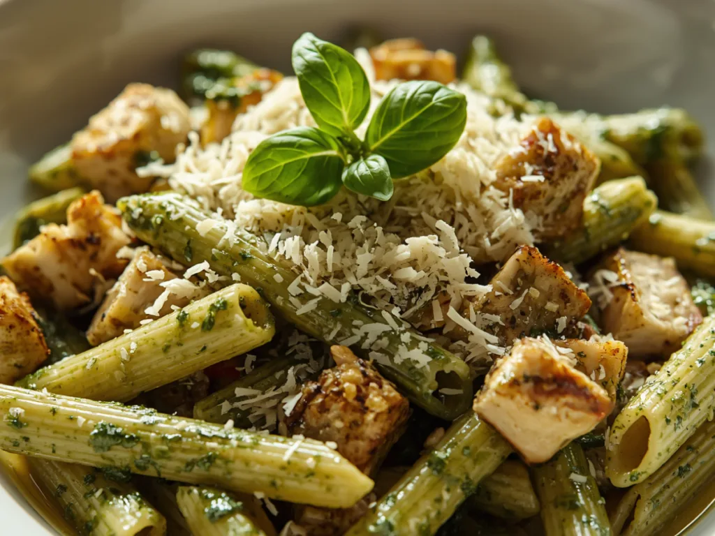 Searing seasoned chicken breast pieces in a hot skillet with olive oil.