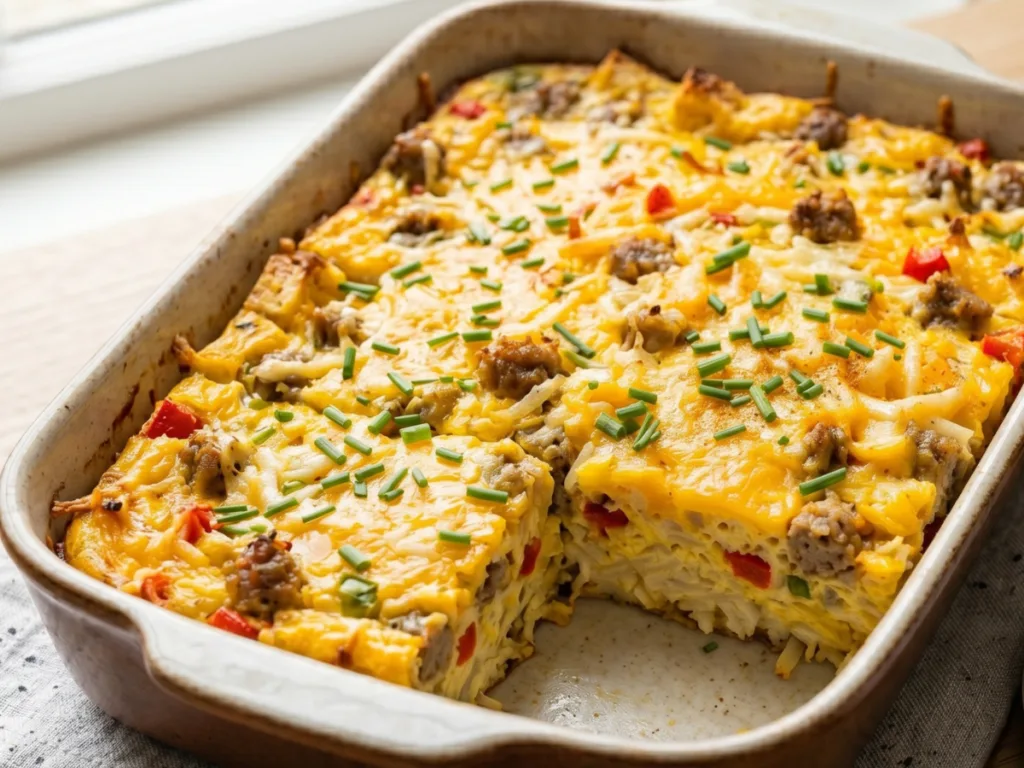 A slice of Pioneer Woman's Best Make-Ahead Breakfast Casserole being lifted with a spatula.
