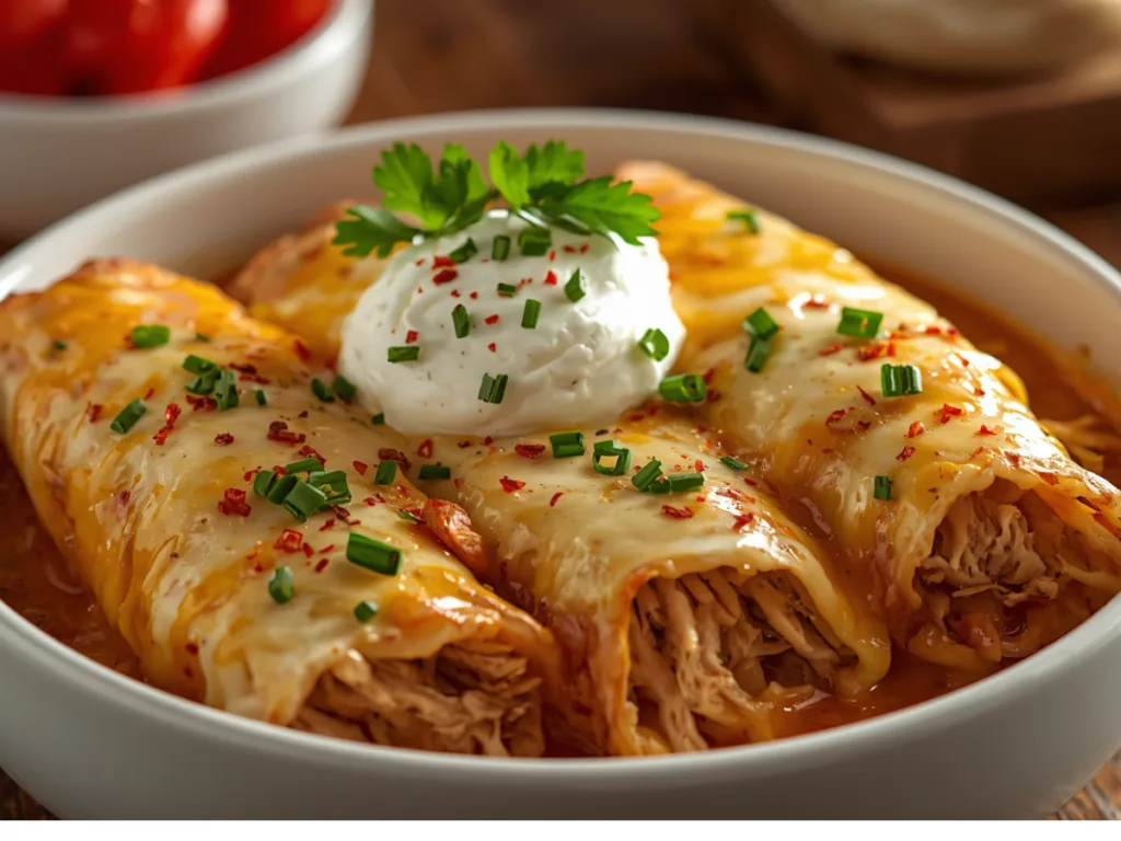 Close-up of melted cheese on Rotisserie Chicken Enchiladas.