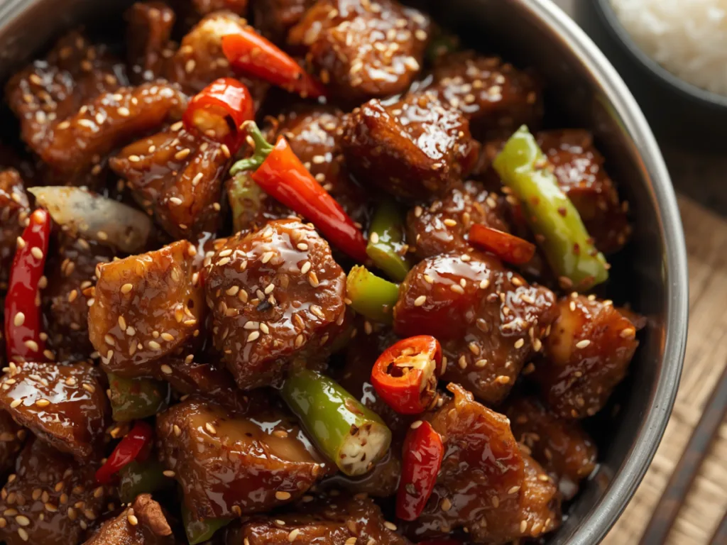 Close up of glazed beef strips from a Beijing Beef Stir-Fry Recipe.