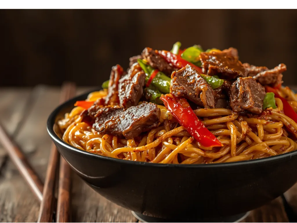 Sizzling beef noodle stir fry in a professional wok