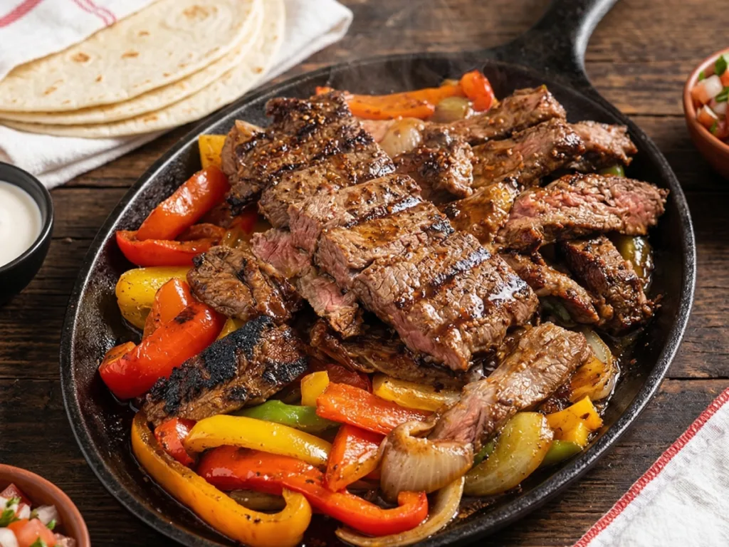 Juicy grilled steak strips and onions