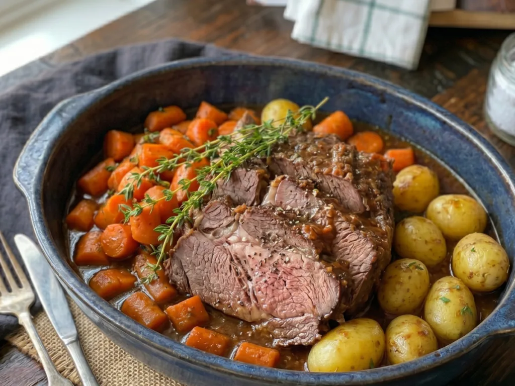 Close-up of shredded tender beef roast with fresh thyme garnish.