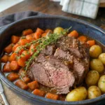 Close-up of shredded tender beef roast with fresh thyme garnish.