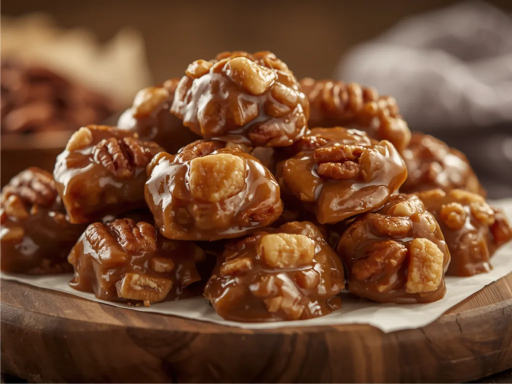 A close-up of a caramel pecan cluster with a sprinkle of flaky sea salt on top.
