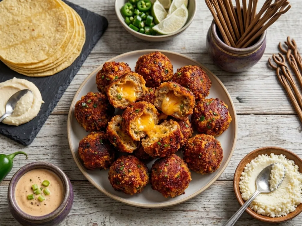 Spicy Gator Droppings: Platter of spicy sausage balls with dip