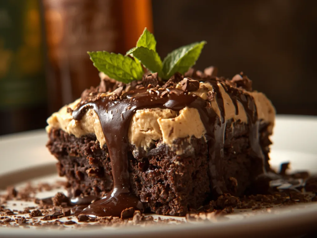Stacked Baileys Irish Cream Brownies on parchment paper