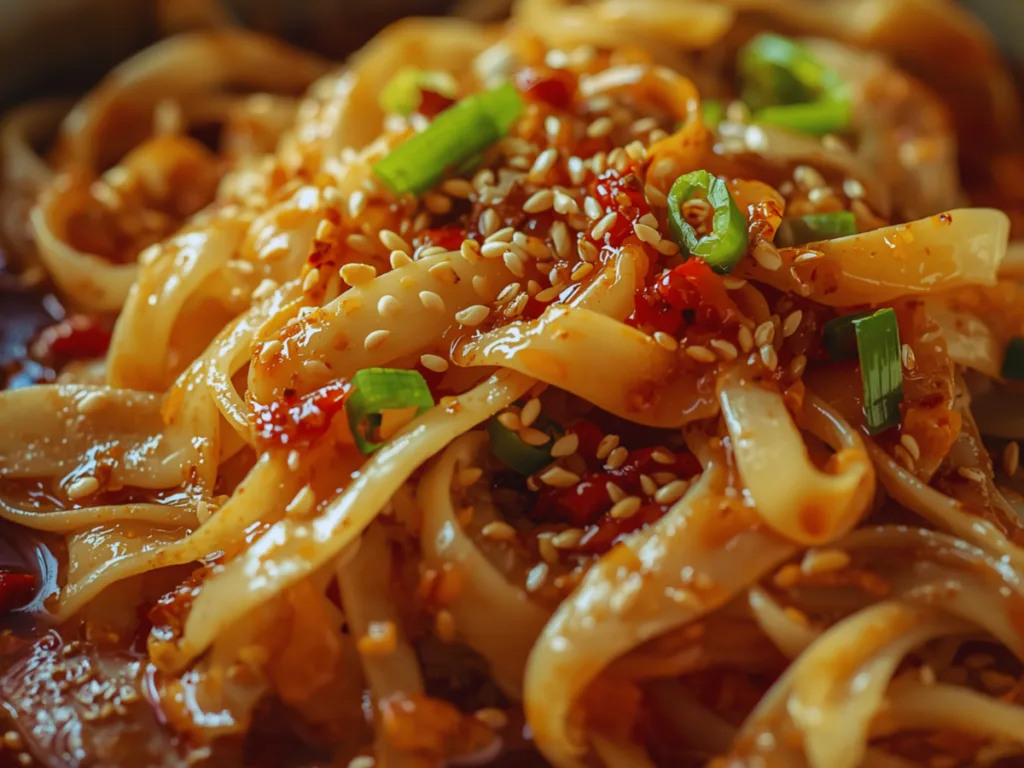 Sizzling oil being poured over garlic and chili flakes