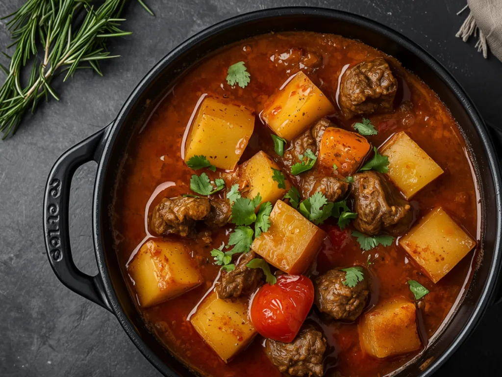 Mexican beef and potato stew garnished with cilantro.