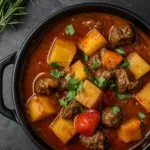 Mexican beef and potato stew garnished with cilantro.