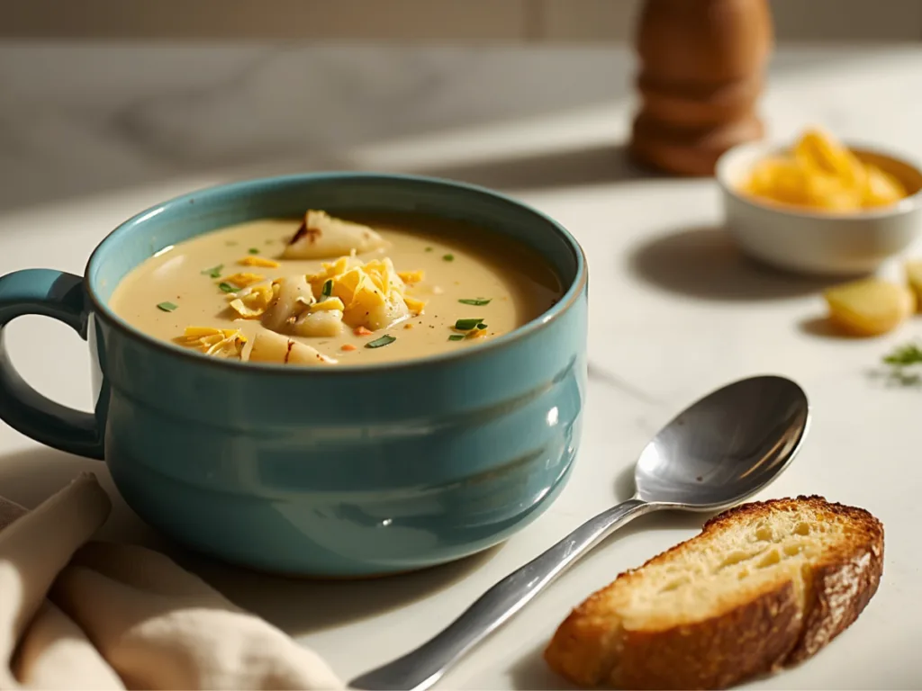 Close-up of hatch green chile potato soup with melted cheese.