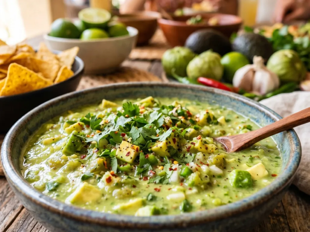 Close up texture of creamy Avocado Tomatillo Spicy Salsa with cilantro