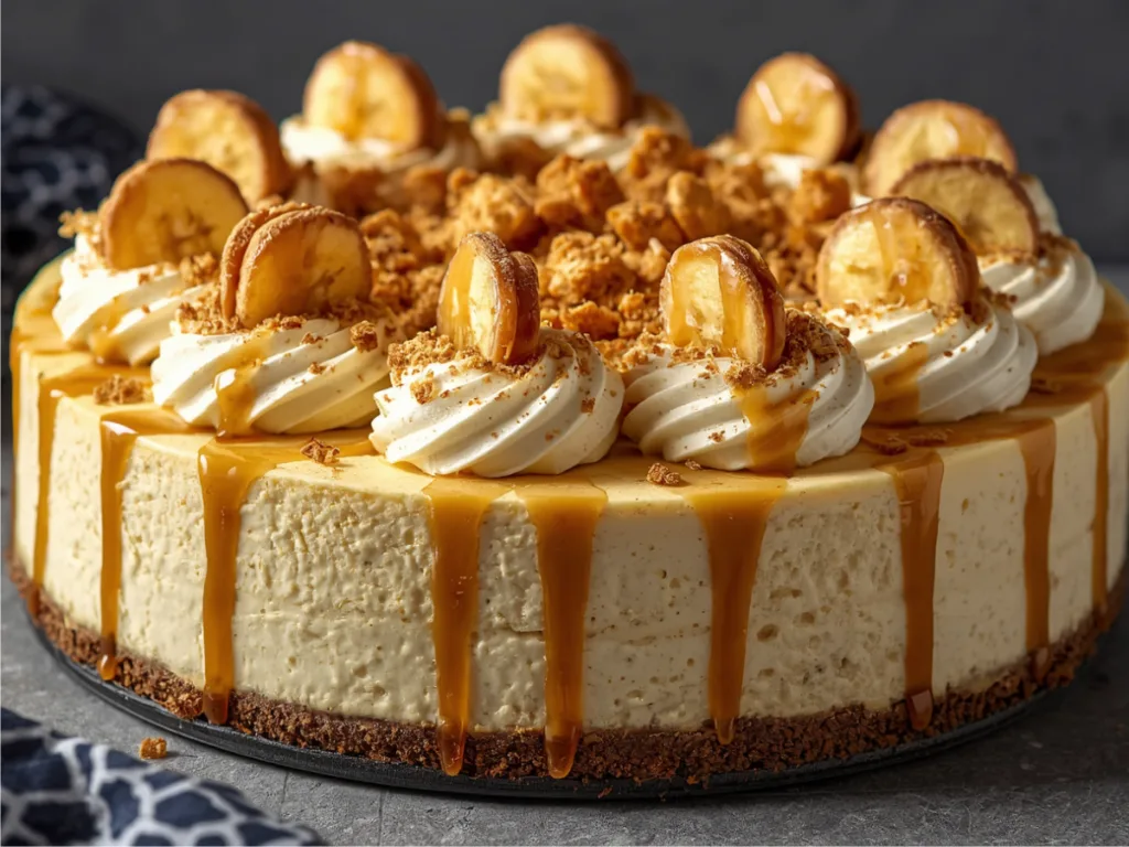 Whole No-Bake Banana Pudding Cheesecake with wafers.