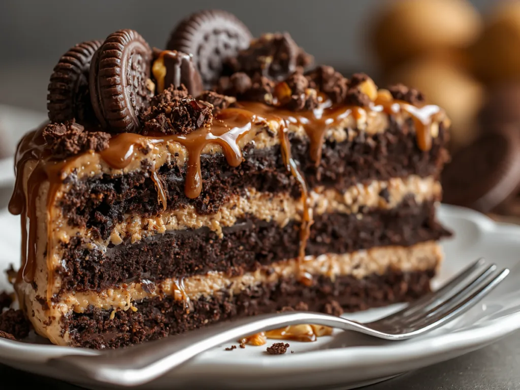 A whole 9x13 dish of peanut butter icebox cake topped with chocolate drizzle and peanut butter chips.