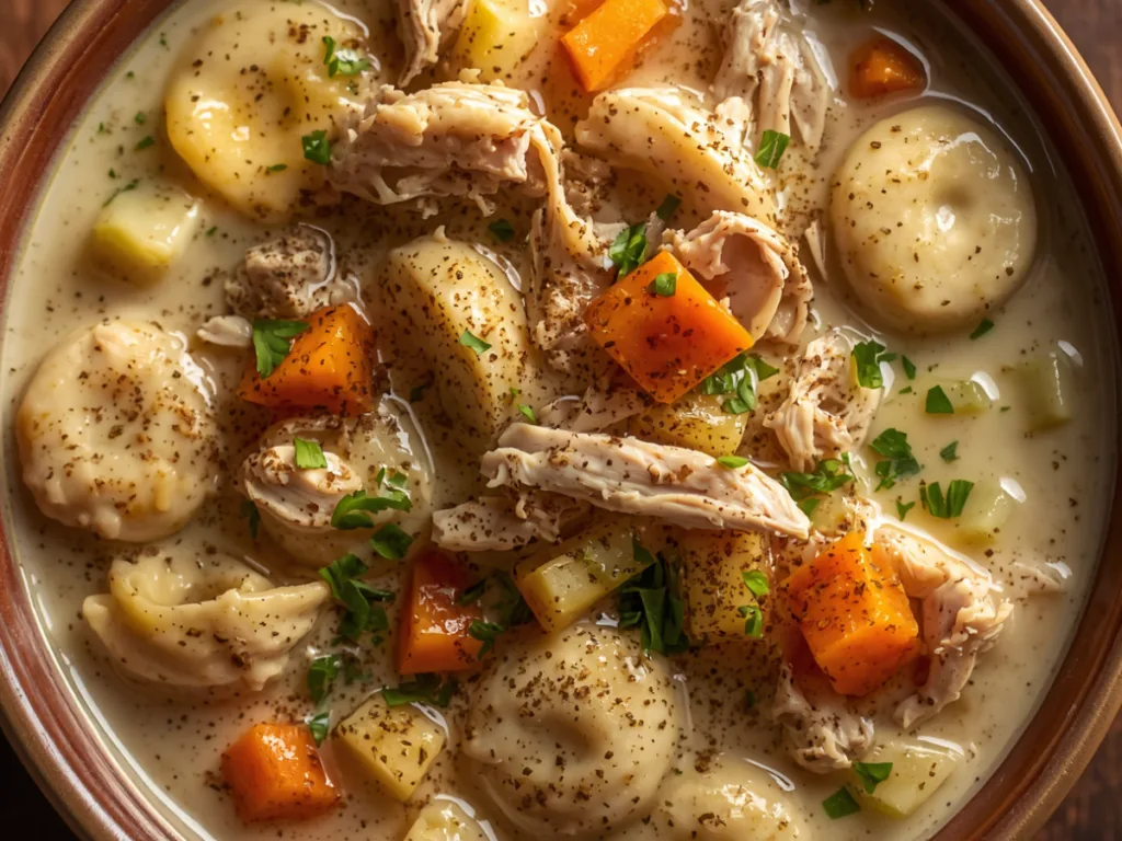 A gourmet white ceramic bowl overflowing with velvety chicken tortellini soup, finished with a sprinkle of fresh Italian parsley.