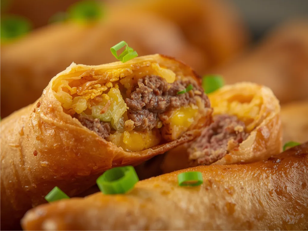 Hand holding a single, crispy Breakfast Egg Roll garnished with fresh green onions and herbs.