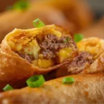 Hand holding a single, crispy Breakfast Egg Roll garnished with fresh green onions and herbs.
